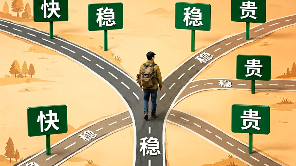 一张插画风格的对比地图：多条岔路从画面左侧延伸向右侧不同目的地，每条路上都标注了「快」「稳」「贵」等标签，暖色调背景上墨绿色路标格外醒目，画面中央一个背着行囊的小人正在选择方向