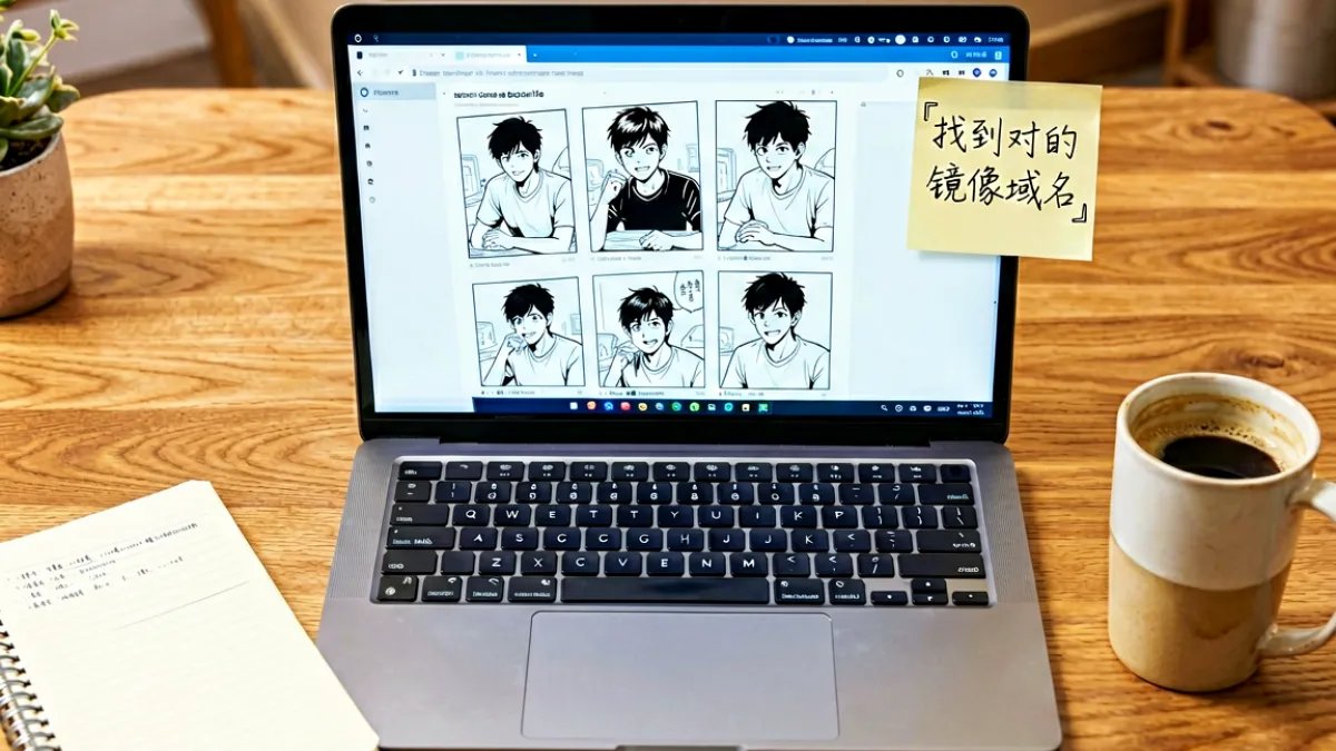 一张桌面俯拍照片：一台笔记本电脑屏幕上打开着漫画阅读界面，旁边放着笔记本和咖啡杯，屏幕旁贴着一张手写便签写着「找到对的镜像域名」，整体是暖色调的居家阅读场景