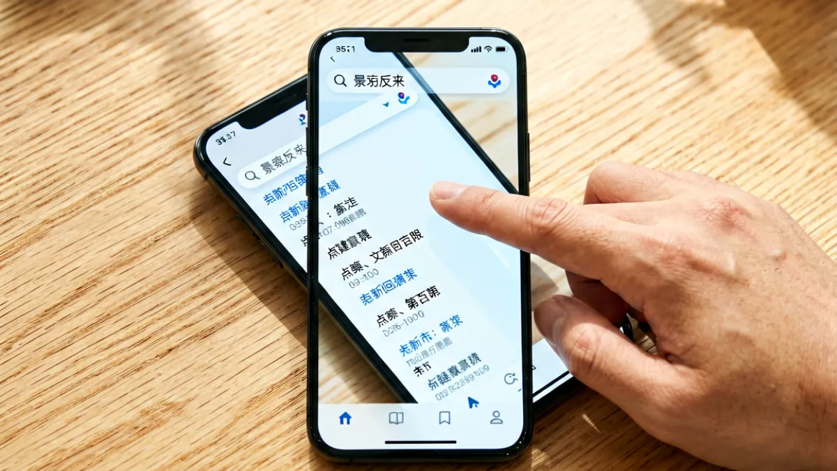 一部智能手机平放在木质桌面上，屏幕亮着显示搜索引擎界面，搜索栏中输入着禁漫天堂入口关键词，旁边有一只手正在点击搜索结果中的第一条链接